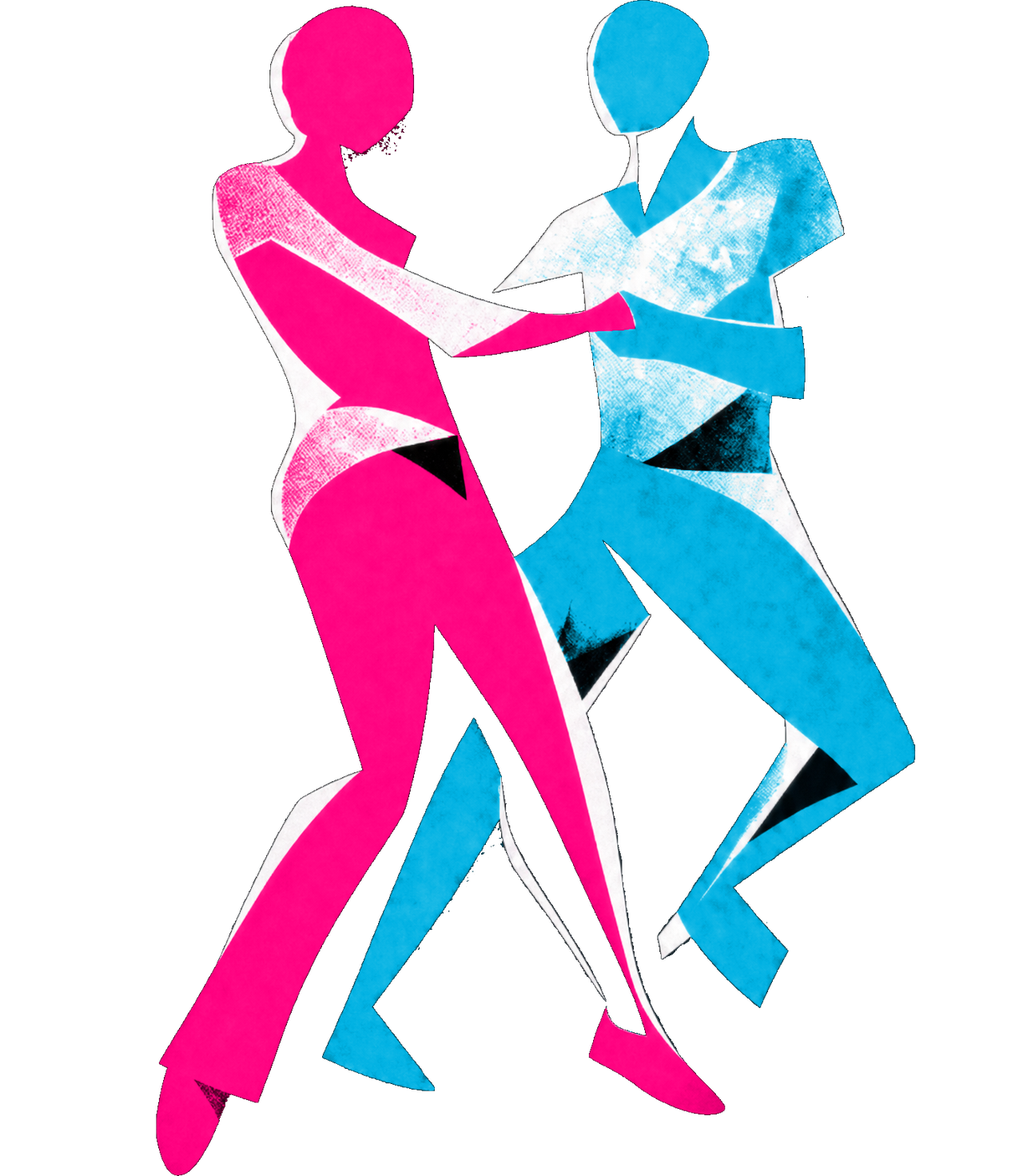 Two dancers connected in the slot, fuchsia and teal, with motion lines behind them